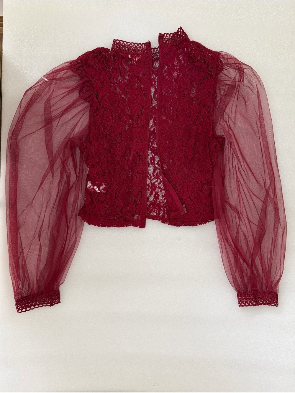 Peach Red Lace High Neck Blouse Sheer Sleeve Gothic Victorian Romantic Top L - Picture 7 of 15